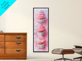 Pink Cupcake Trio Canvas Print, Whimsical Kitchen Art, Rustic Light Pink Wall Art, Food Review Vertical Artwork, Gift Idea For Her