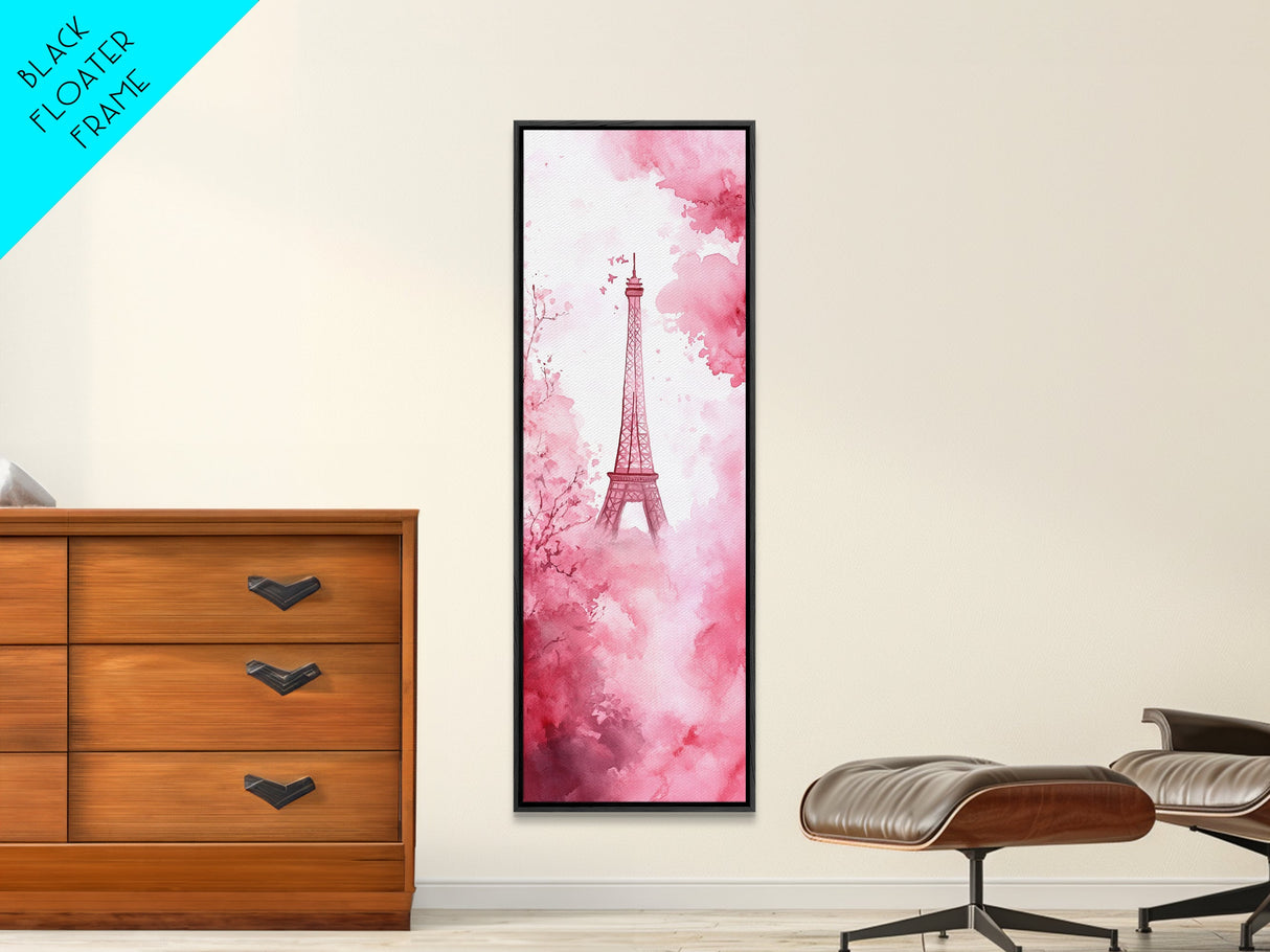 Eiffel Tower Painting Framed Canvas Print Romantic Parisian Wall Art Light Pink Decor Vertical Artwork Whimsical Home Accent Art