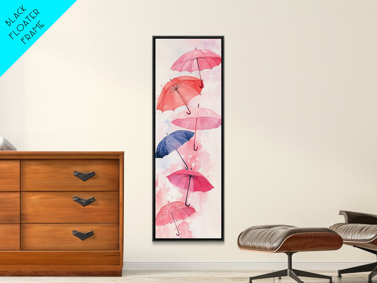Vibrant Umbrellas Framed Canvas Print in Pink Orange Wall Art Style Perfect Whimsical Vertical Art for Dorm or Playful Decor