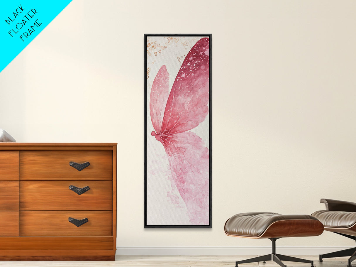 Pink Butterfly Whimsical Art Framed Canvas Print, Cherry Blossom Painting with Light Pink Abstract Style, Minimalist Vertical Wall Art