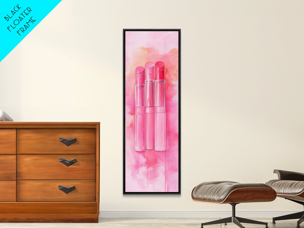 Light Pink Lipsticks Framed Canvas Print, Modern Whimsical Art, Abstract Vertical Art for Makeup Room or Girly Dorm Wall Decor