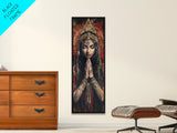 Goddess Prayer Painting Framed Canvas Print, Kerala Mural Art with Rich Red and Gold, Dark Angels Wall Art for Boho Bedroom Decor