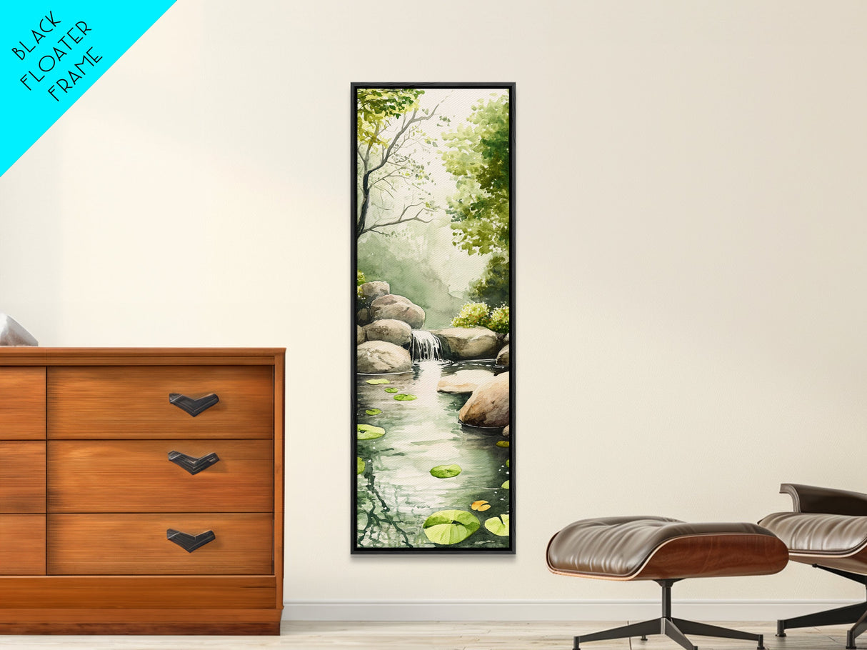 Tranquil Waterfall Scene Framed Canvas Print Green Wall Art Botanical Prints Vertical Landscape Art Above Bed Living Room Decor