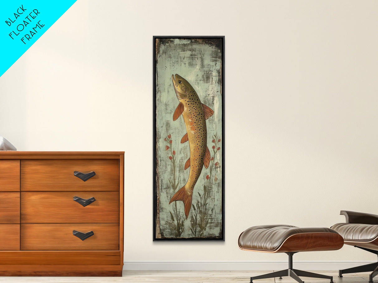 Trout Art Rustic Framed Canvas Print Skinny Vertical Art Fly Fishing Art Rustic Decor Tall Narrow Art Guest Room Wall Decor