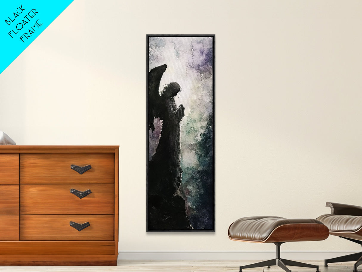 Praying Angel Silhouette Framed Canvas Print Angel Art Prints Gothic Wall Art Moody Art Vertical Living Room Spiritual Decor