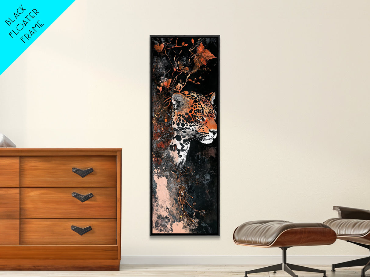 Floral and Leopard Canvas Print with Moody Art Style, Unique Animal Wall Art and Vertical Skinny Art Living Room Decor
