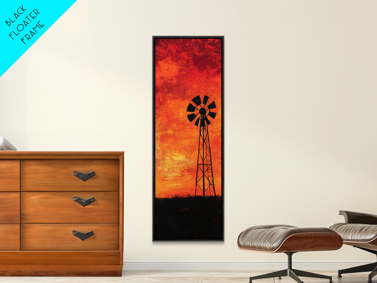 Rustic Windmill Framed Canvas Print, Southwest Farmhouse Decor, Moody Sunset Landscape Wall Art, Vertical Artwork for Bedroom