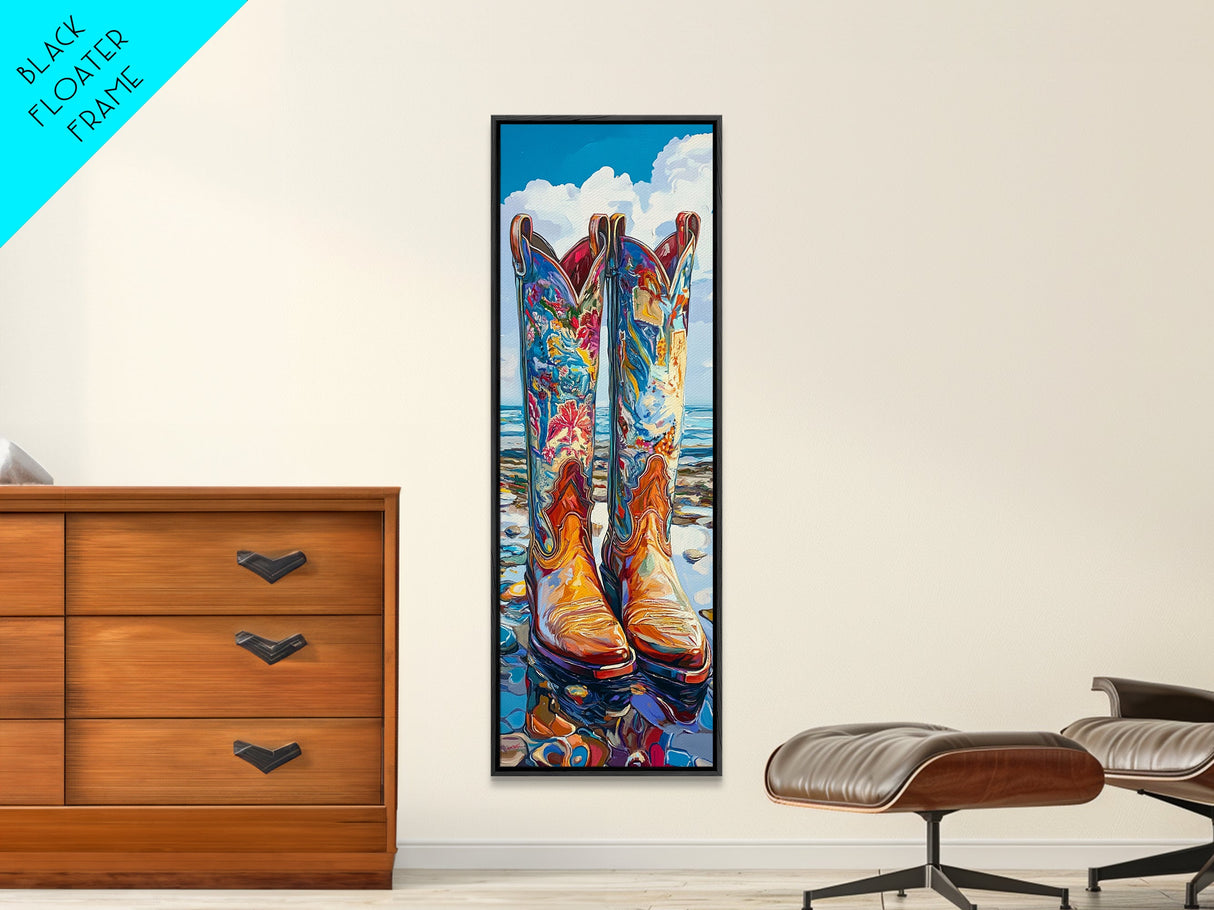 Vibrant Western Boots Framed Canvas Print, Coastal Cowgirl Artwork, Farmhouse Rustic Decor, Bright Living Room Vertical Art
