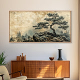 Pine Tree on Rocks Canvas Print Rustic Wall Art Wabi Sabi Minimalist Artwork Zen Art Bedroom Decor Horizontal Landscape Painting