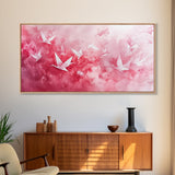 Origami Crane Flight Framed Canvas Print Featuring Pink Wall Art Whimsical Art Long Narrow Wall Art Minimalist Rustic Living Room Decor