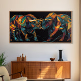 Vibrant Mosaic Bulls Canvas Print Colorful Geometric Wall Art Rustic Decor Living Room Art Tall Narrow Art Bull and Bear Art
