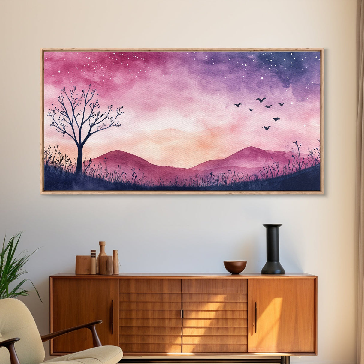 Twilight Meadow Framed Canvas Print, Whimsical Starry Night Art, Moody Nature Painting, Dreamy Purple Landscape, Wall Decor Gift Idea