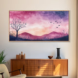 Twilight Meadow Framed Canvas Print, Whimsical Starry Night Art, Moody Nature Painting, Dreamy Purple Landscape, Wall Decor Gift Idea