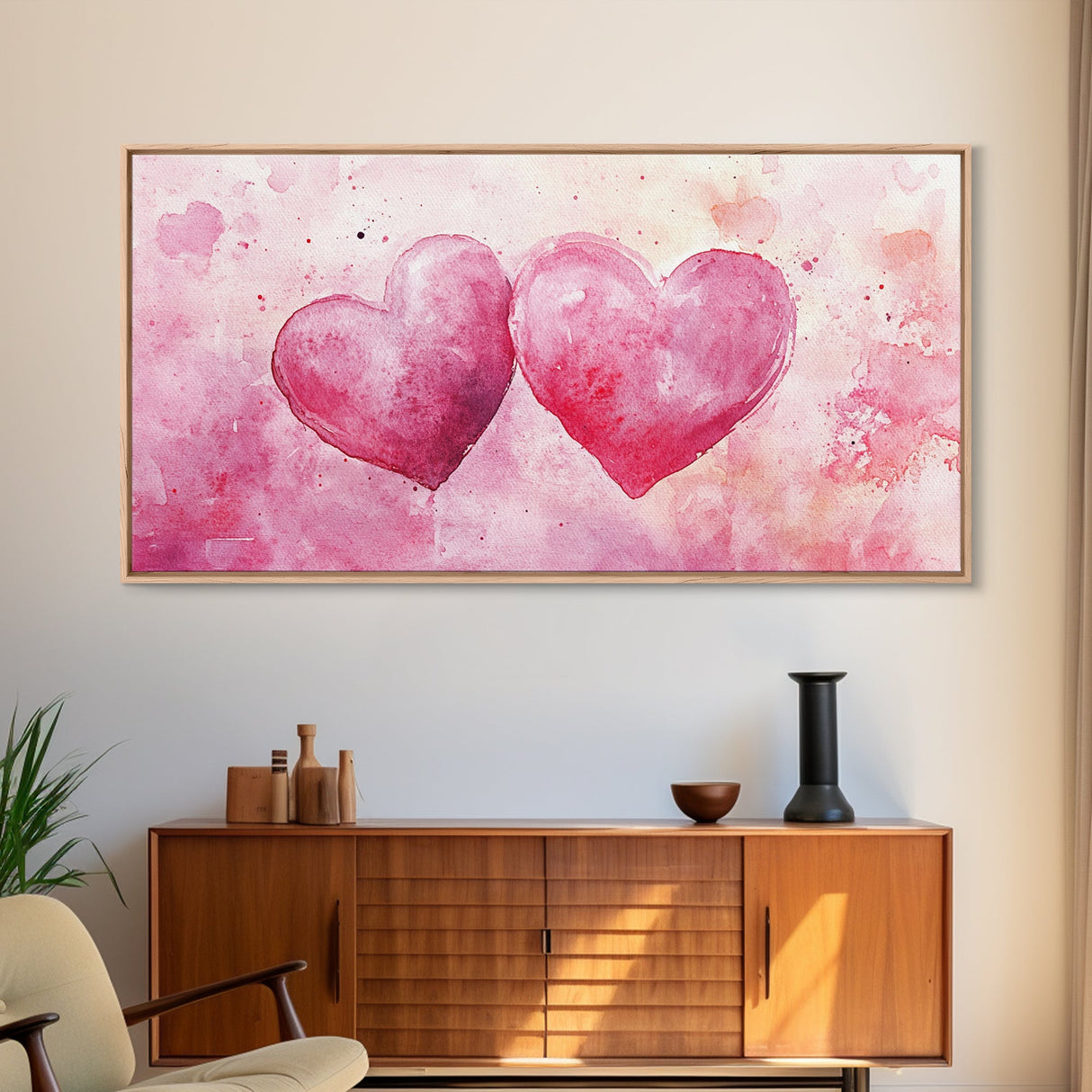 Watercolor Heart Pair Framed Canvas Print, Romantic Pink Abstract Art, Whimsical Valentine Wall Art, Bedroom Gift Idea, Light Pink Decor