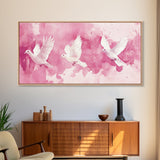 White Dove Flight Canvas Print | Angel Art Prints | Light Pink Wall Art | Minimalist Bird Art | Whimsical Living Room Decor Wall Art