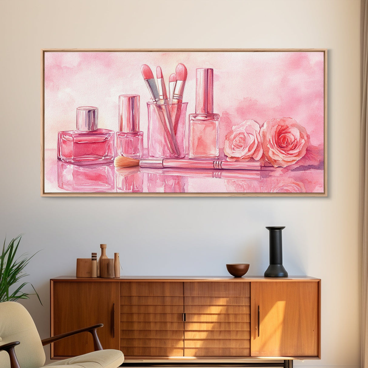 Pink Makeup Canvas Print | Therapy Art | Feminine Wall Art | Light Pink Bedroom Decor | Romantic Vanity Framed Canvas Print
