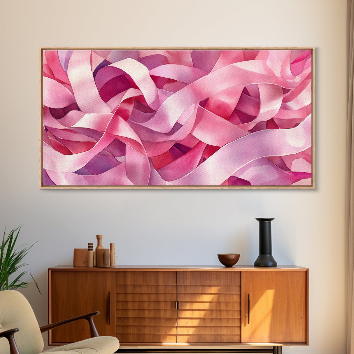 Pink Ribbons Canvas Print | Abstract Art | Light Pink Wall Art | Whimsical Minimalist Decor | Feminine Bedroom Canvas Print