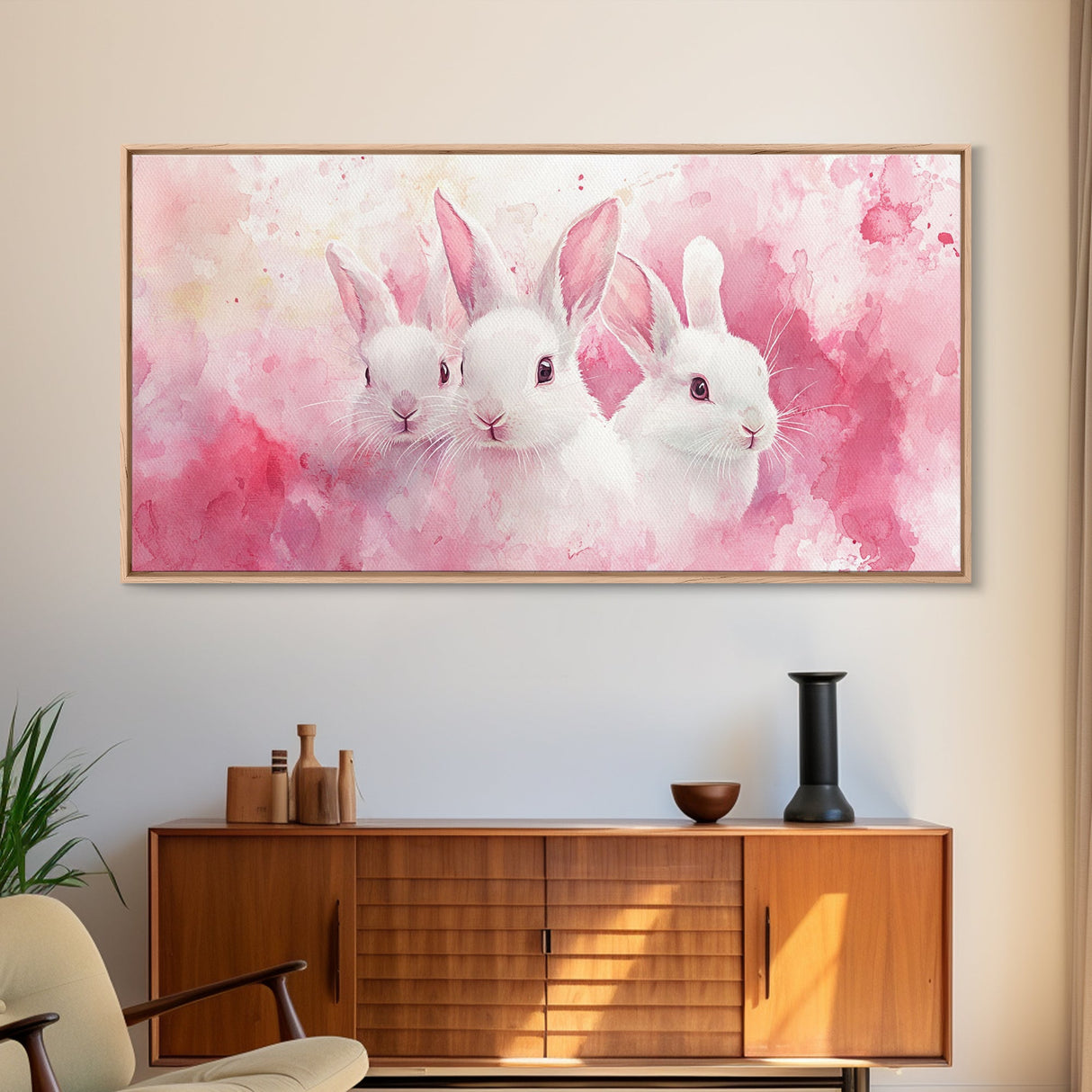 Three Bunnies Canvas Print, Adorable Pink Abstract Art Featuring Rabbits, Whimsical Nursery Wall Decor or Easter Themed Art