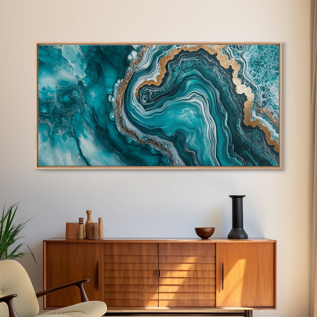 Turquoise Geode-Inspired Canvas Print, Mosaic Wall Art, Teal Wall Art, Abstract Coastal Art, Panoramic Art, Wide Wall Art, Coastal Decor