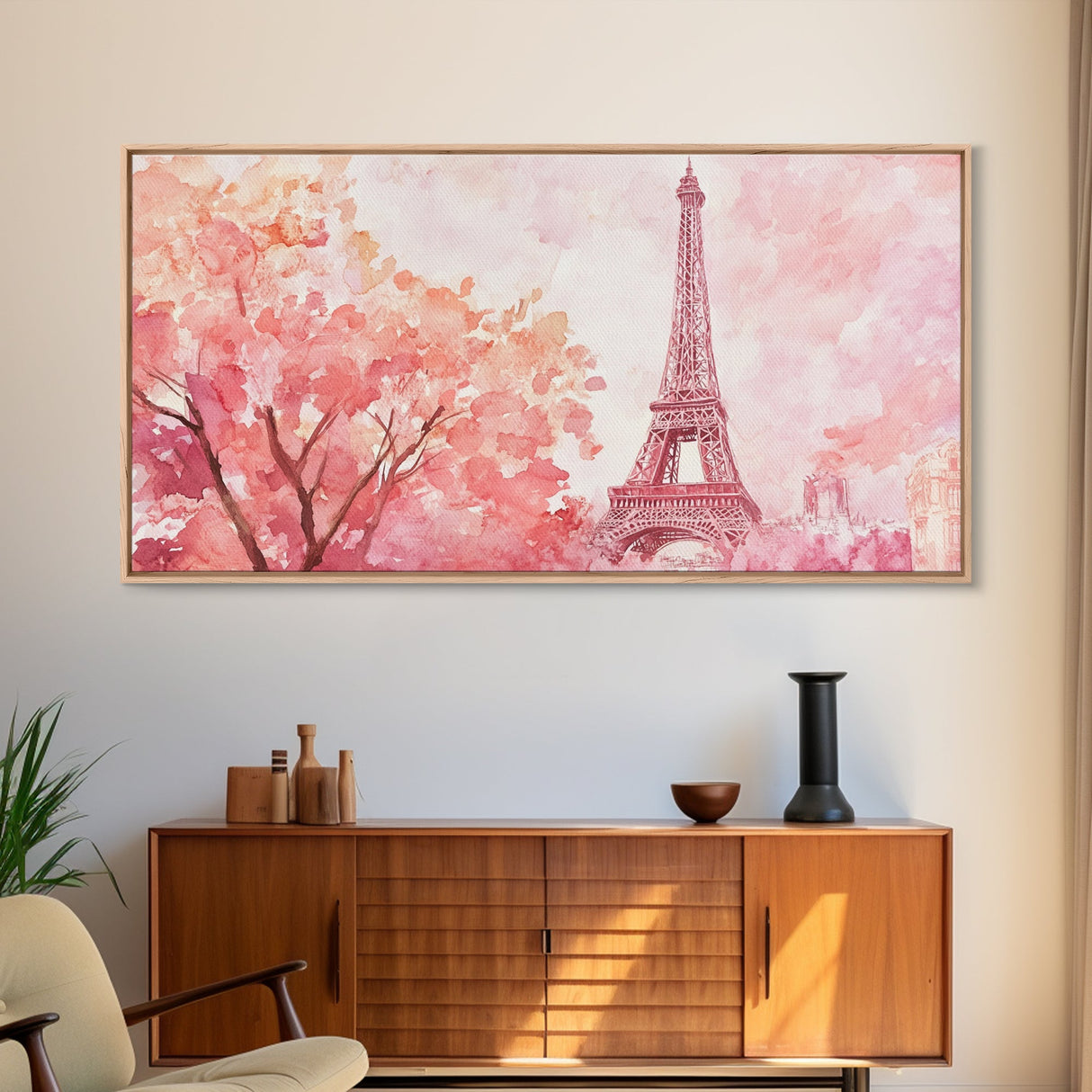 Eiffel Tower Cherry Blossom Canvas Print - Light Pink Wall Art Paris Landscape Romantic Living Room Art Bedroom Rustic Decor