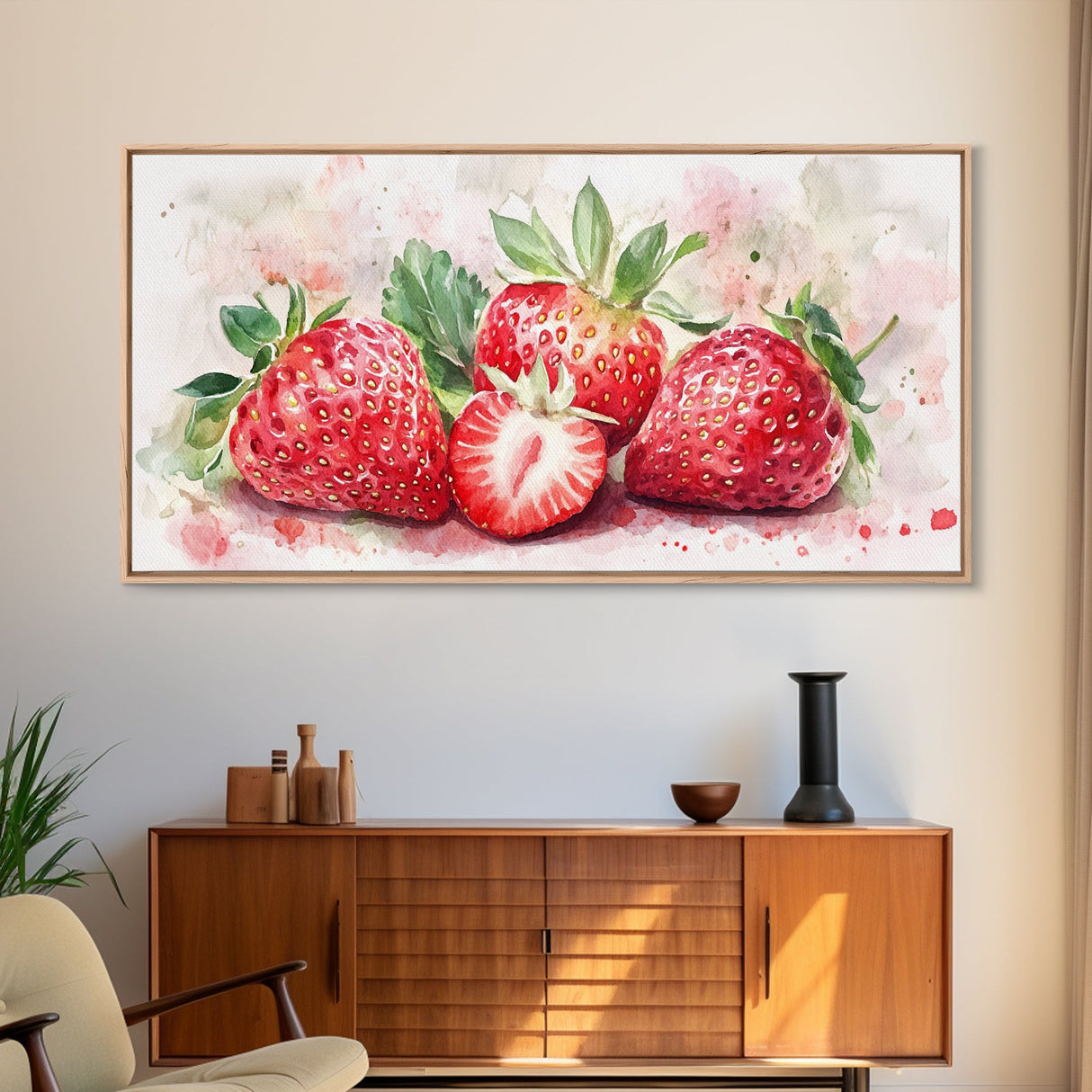 Strawberry Still Life Canvas Print - Bright Red Fruit Rustic Kitchen Art Food Review Artwork Light Pink Wall Art Rustic Decor