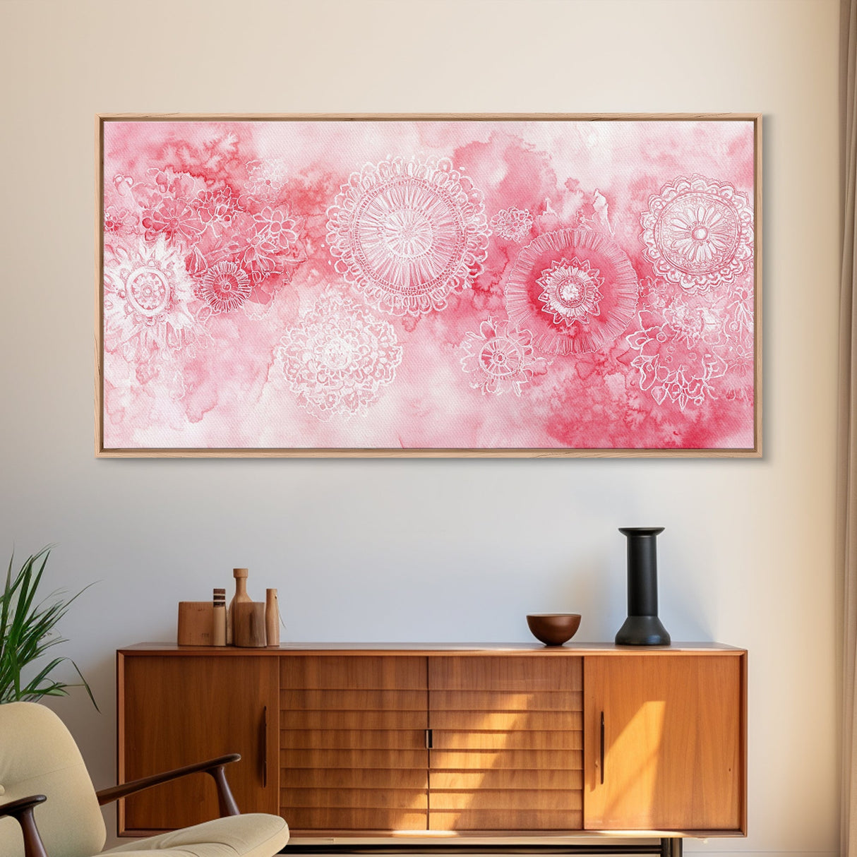 Intricate Lace Pattern Framed Canvas Print, Sacred Geometry Art, Light Pink Abstract Wall Art, Feminine and Minimalist Home Decor