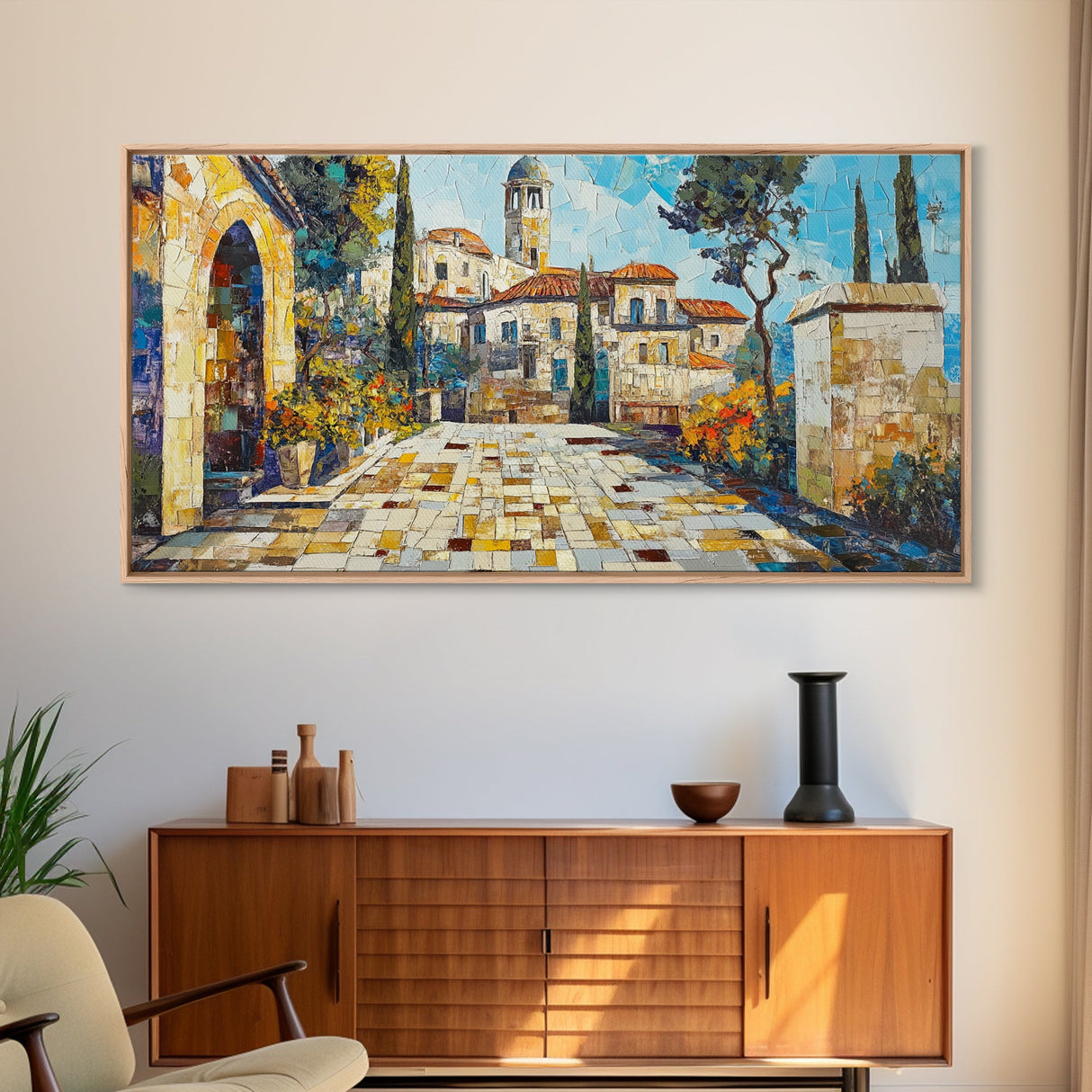 Mediterranean Village Mosaic Framed Canvas Print - Vibrant Coastal Landscape Art - Nautical Decor Living Room Rustic Wall Art