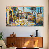 Mediterranean Village Mosaic Framed Canvas Print - Vibrant Coastal Landscape Art - Nautical Decor Living Room Rustic Wall Art