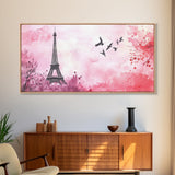 Eiffel Tower and Birds Canvas Print, Parisian Skyline Painting, Romantic Pink Wall Art, Whimsical French Decor, Guest Room Art