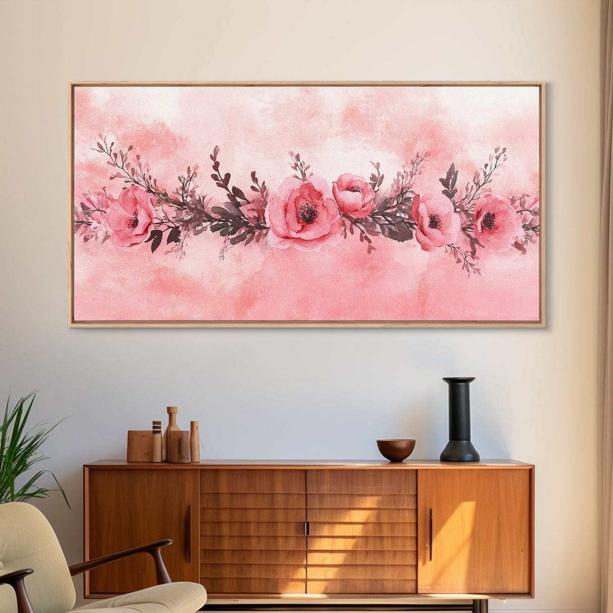 Floral Garland Canvas Print California Poppy Art Horizontal Wall Art Rustic Decor Farmhouse Style Wildflower Painting Gift Idea