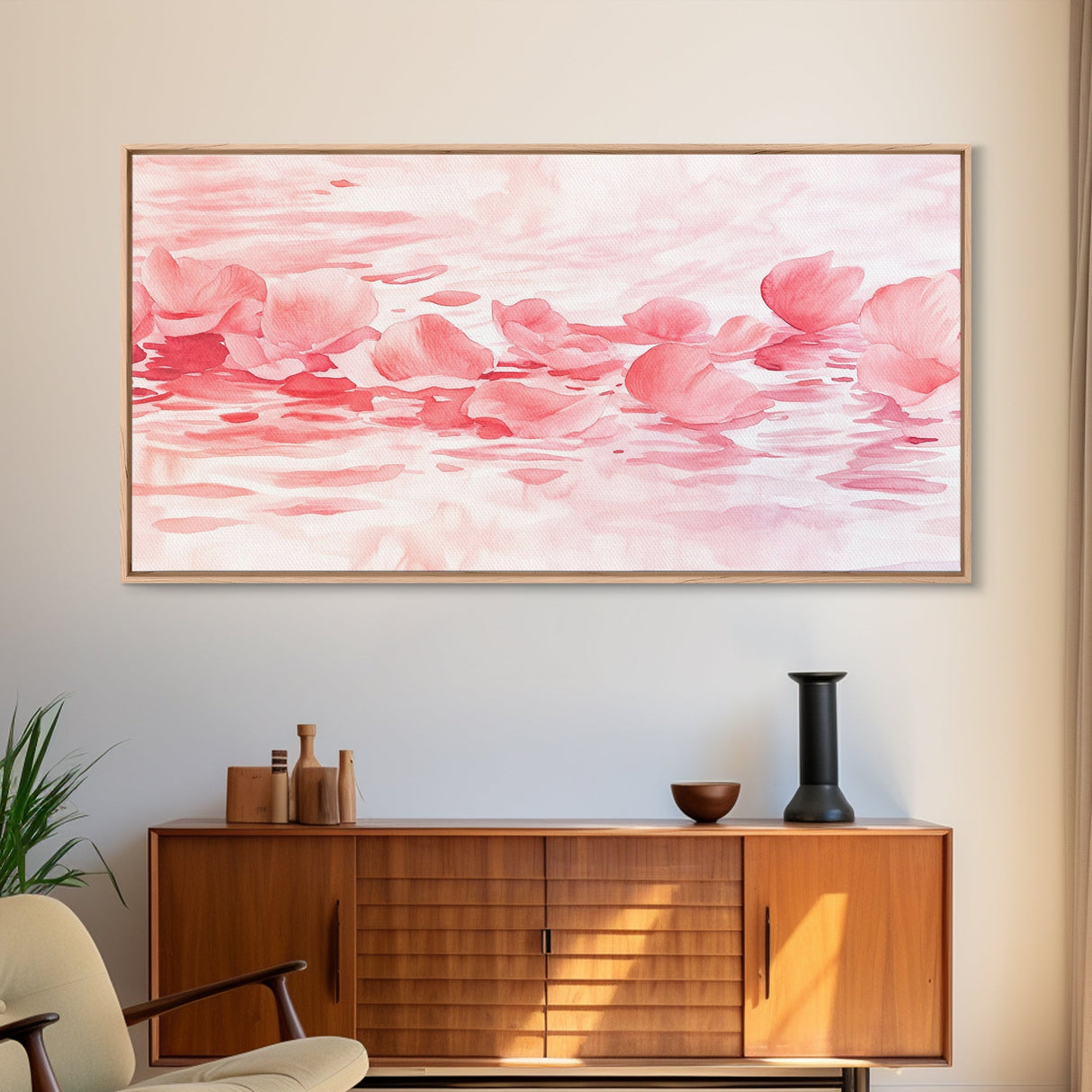 Floating Petals Canvas Print | Light Pink Wall Art | Romantic Minimalist Decor | Framed Canvas Print Gift Idea | Living Room Art
