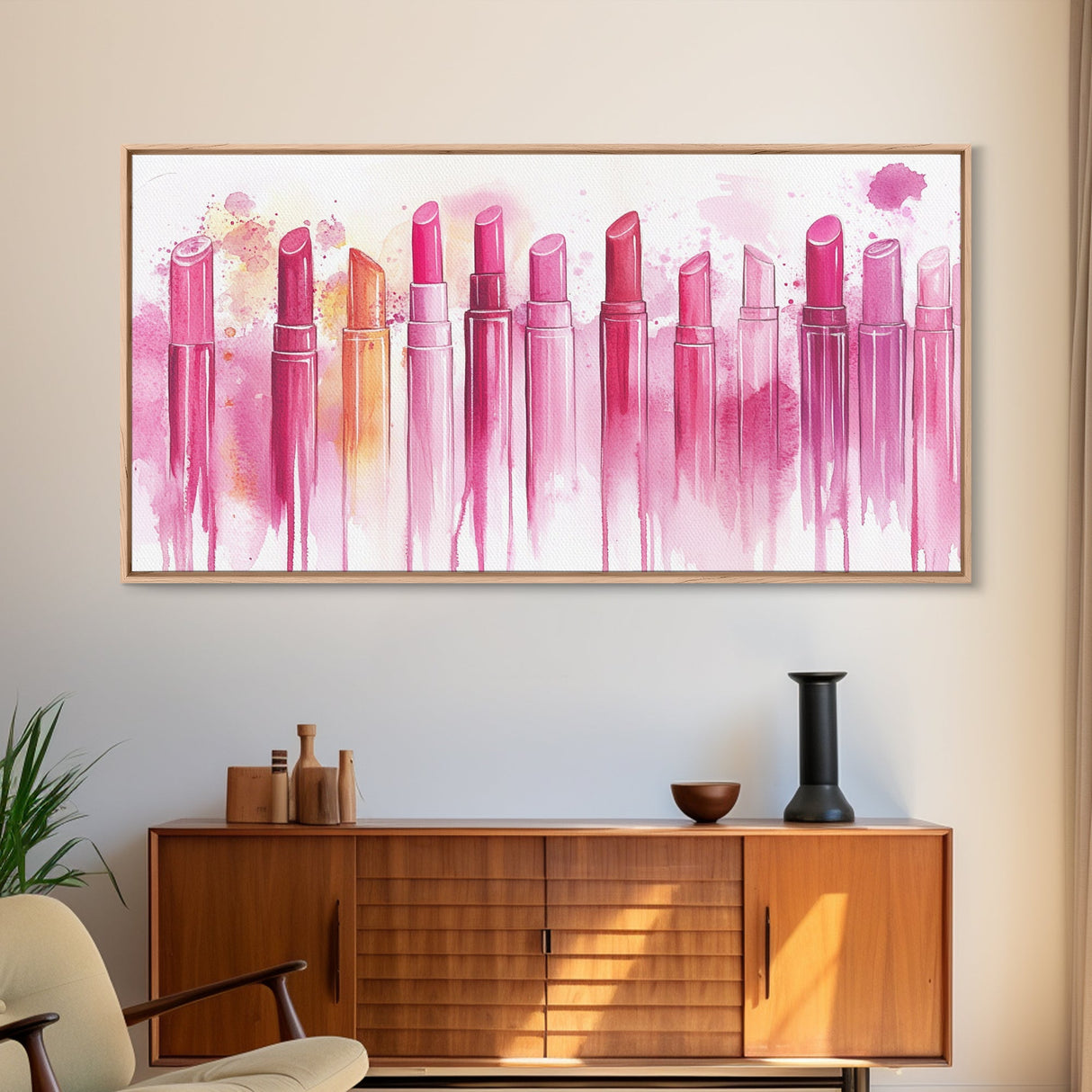 Assorted Lipstick Shades Illustration in Light Pink Wall Art on Canvas Print, Makeup Lover's Room or Vanity Decor Idea