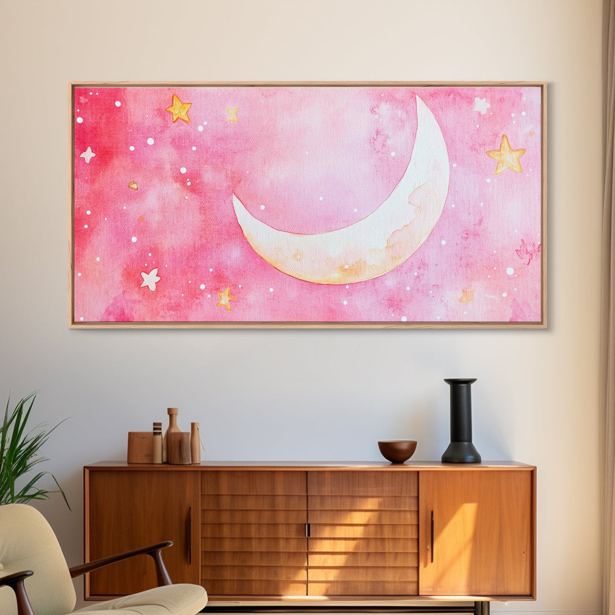Crescent Moon and Stars Design in Pink Wall Art Style on Framed Canvas Print, Nursery or Bedroom Light Pink Whimsical Art