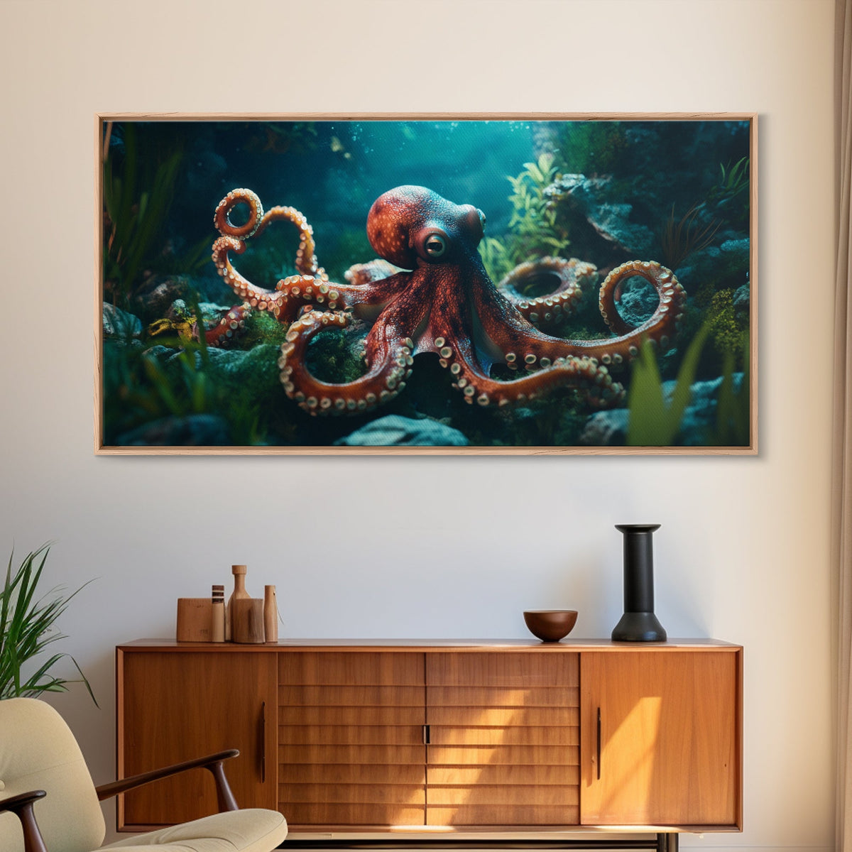 Majestic Octopus Framed Canvas Print, Coastal Decor Wall Art, Marine Wildlife Painting, Ocean Life Nautical Theme, Rustic Home Art