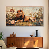 Regal Lion in Wildflowers Framed Canvas Print, Safari Wildlife Painting, African Rustic Wall Art, Boho Nature Decor, Animal Kingdom Art