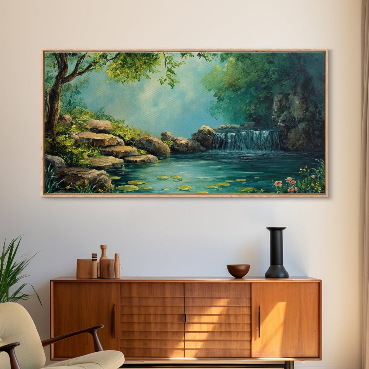 Serene Waterfall Landscape Framed Canvas Print Above Sofa Rustic Decor Living Room Art Peaceful Nature Scene Artwork Farmhouse Wall Art