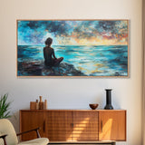 Woman Meditating Coastal Sunset Framed Canvas Print Yoga Art Nautical Wall Art Bedroom Decor Perfect Gift Idea Coastal Cowgirl Artwork