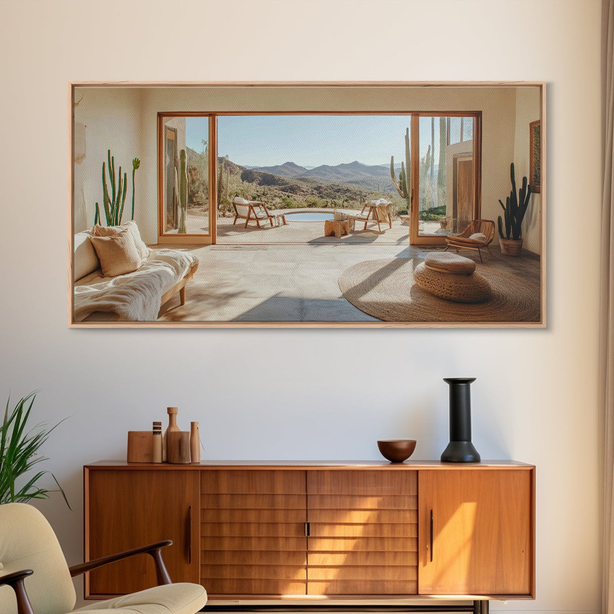 Framed Canvas Print of Desert Retreat with Cactus and Mountain View, Southwest Wall Art, Living Room Boho Decor