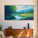 Canvas Print of Serene Green Valley and River Landscape, Rustic Wall Art, Gift Idea for Nature Lovers and Rustic Home Decor