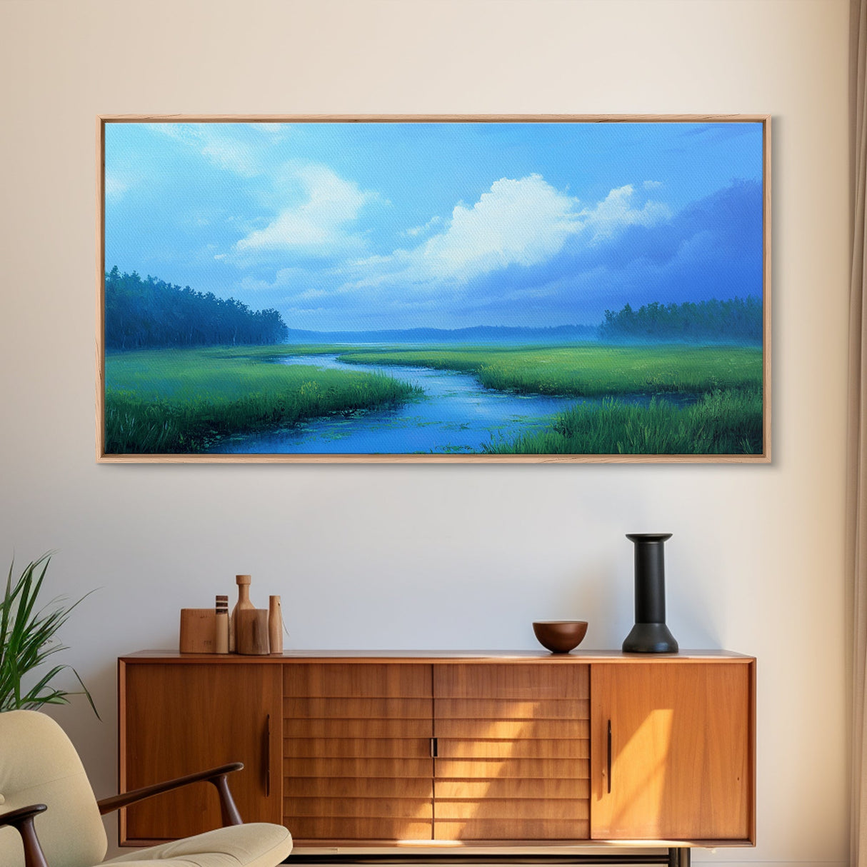 Marshland Panoramic Canvas Print, Coastal Landscape Art Bedroom Decor, Rustic Wall Art Living Room Gift, Nautical Horizontal Artwork