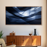 Flowing Blue Abstract Framed Canvas Print, Minimalist Geometric Wall Art Above Sofa Decor, Moody Panoramic Artwork Gift Living Room