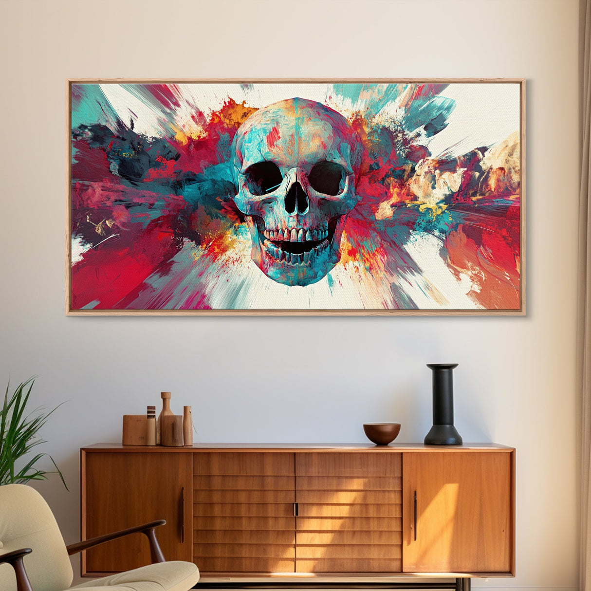 Abstract Skull Art Framed Canvas Print, Moody Colorful Halloween Wall Decor, Unique Living Room Art, Vibrant Therapy Art Gift Idea
