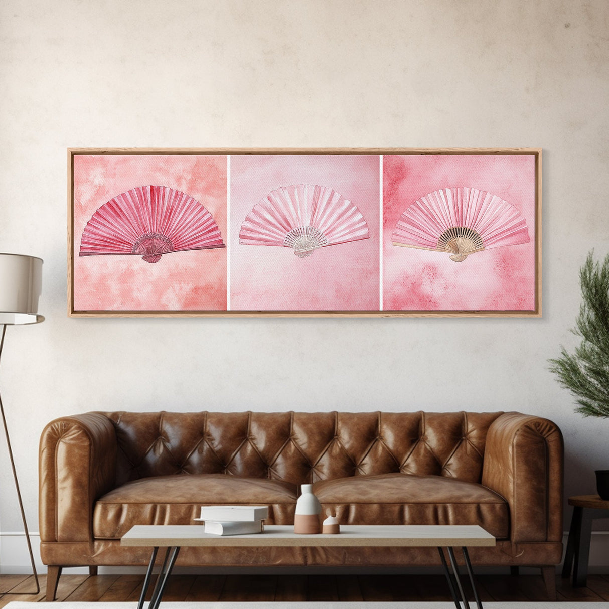 Trio of Elegant Fans Canvas Print, Minimalist Boho Pink Artwork, Oriental Fan Wall Art for Bedroom, Light Pastel Wall Decor Idea