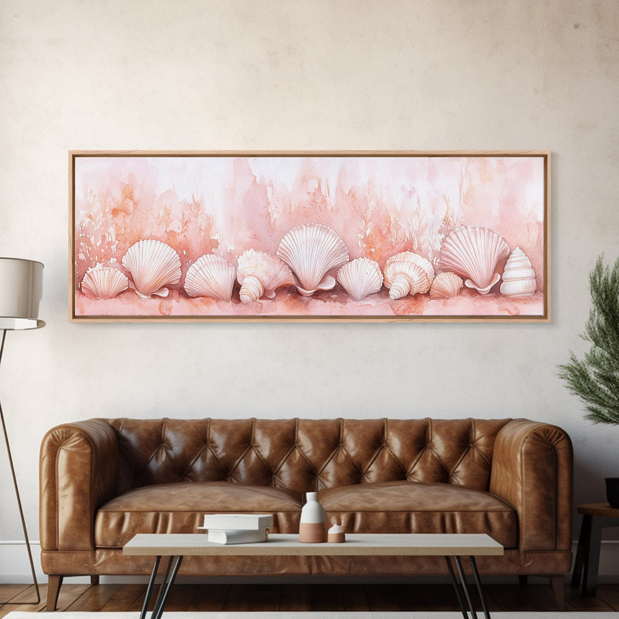 Coastal Shell Art Canvas Print Featuring Light Pink and Orange Pastel Hues, Beach House Decor, Nautical Wall Art for Living Room