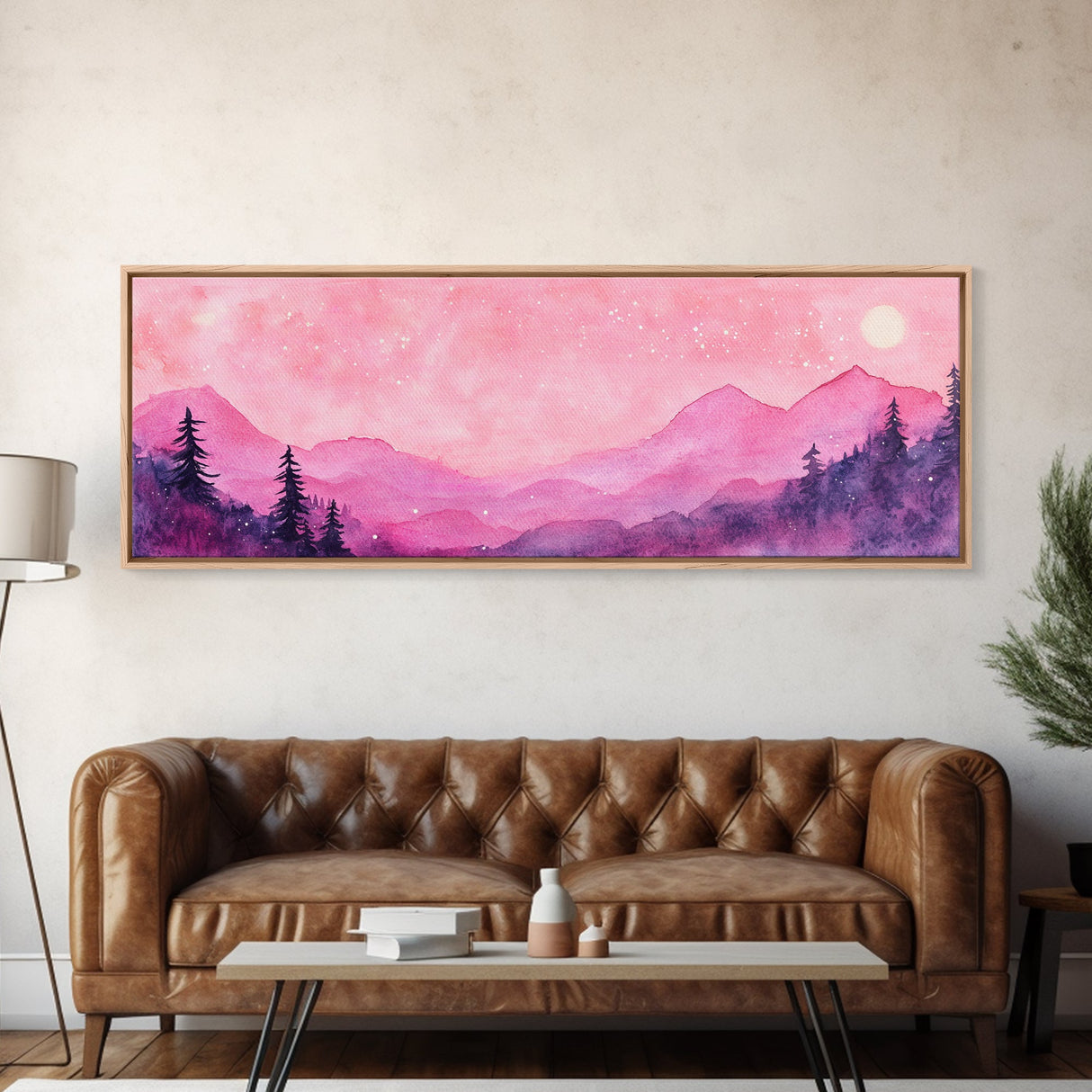 Mountain Landscape Art Framed Canvas Print in Light Pink Hues with Starry Sky, Bedroom or Living Room Artwork, Rustic Decor Painting