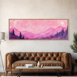 Mountain Landscape Art Framed Canvas Print in Light Pink Hues with Starry Sky, Bedroom or Living Room Artwork, Rustic Decor Painting