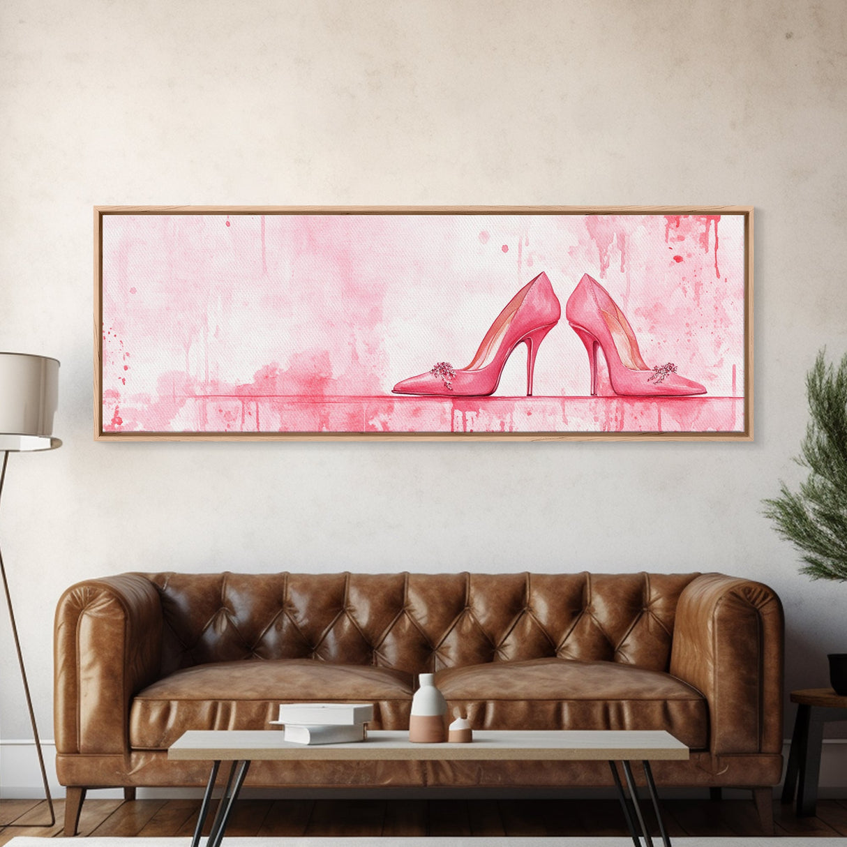 Light Pink Wall Art Framed Canvas Print Featuring Elegant High Heels, Feminine Bedroom Decor, Fashion Artwork Above Bed Idea