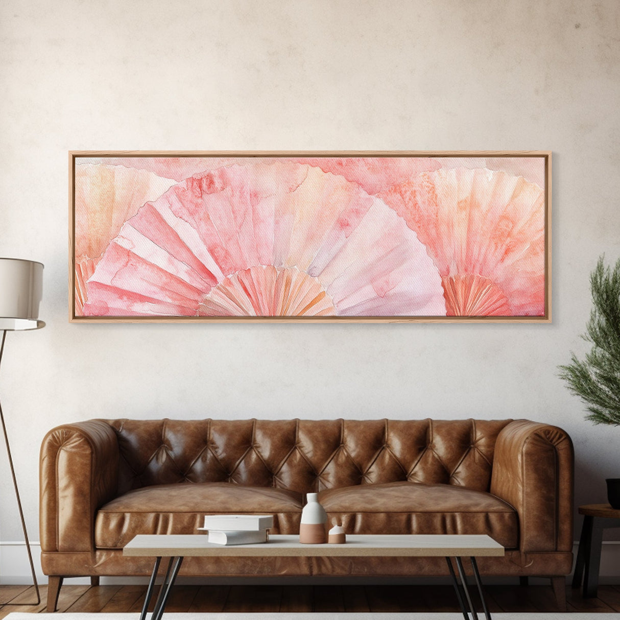 Framed Canvas Print Light Pink Abstract Fan Art Coastal Cowgirl Wall Art Minimalist Rustic Decor Living Room Art Horizontal Painting