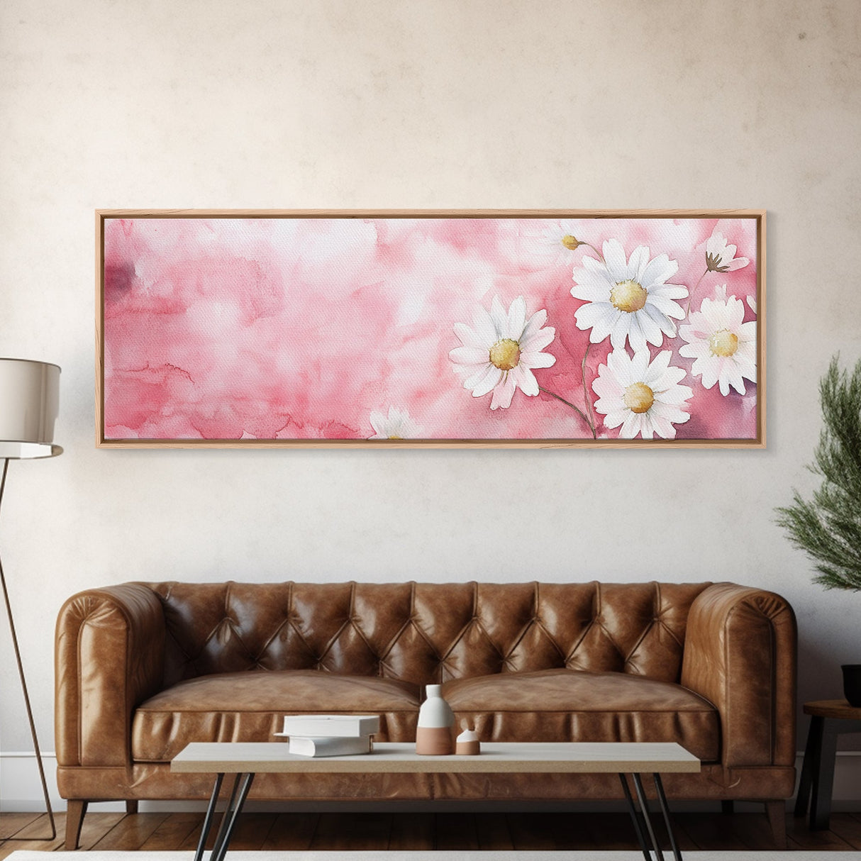 Daisy Flower Wall Art, Canvas Print, Light Pink and White Minimalist Artwork, Botanical Prints Style, Bedroom Whimsical Decor