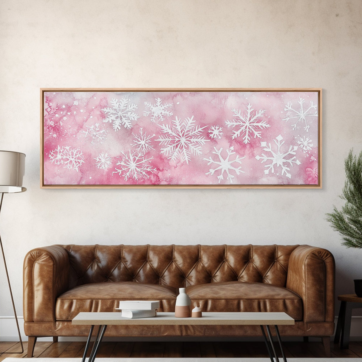 Delicate Snowflake Art Framed Canvas Print Light Pink Wall Art Minimalist Winter Décor Bedroom Living Room Artwork Horizontal Gift